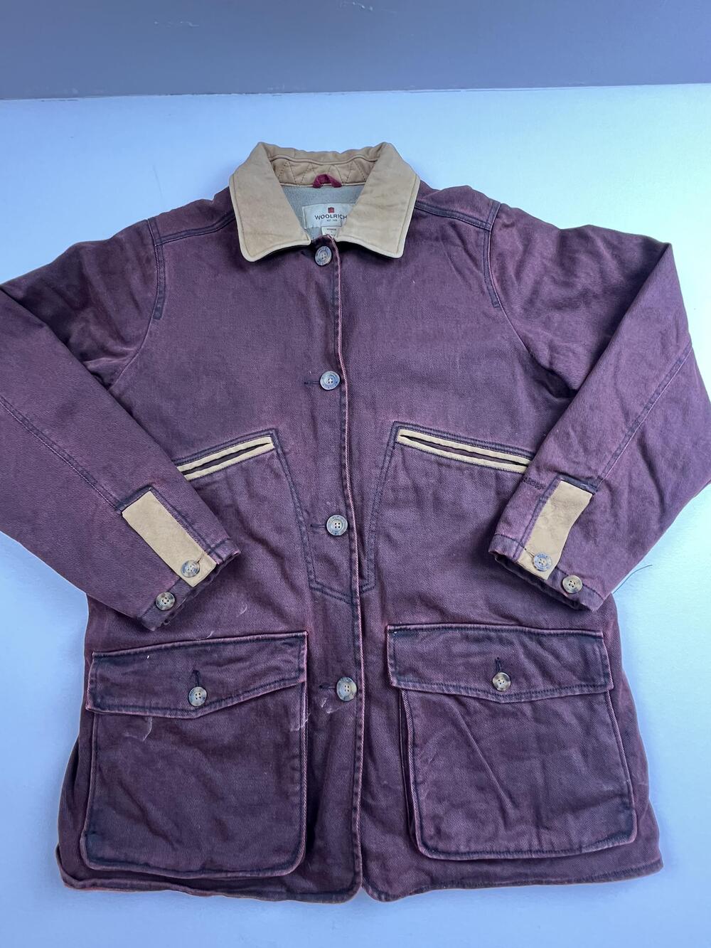 Woolrich Jacket Womens Large Red Cotton Twill Fleece Lined Button Pockets
